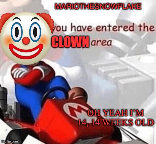 You have entered the comedy area | MARIOTHESNOWFLAKE; CLOWN; OH YEAH I’M 14, 14 WEEKS OLD | image tagged in you have entered the comedy area | made w/ Imgflip meme maker