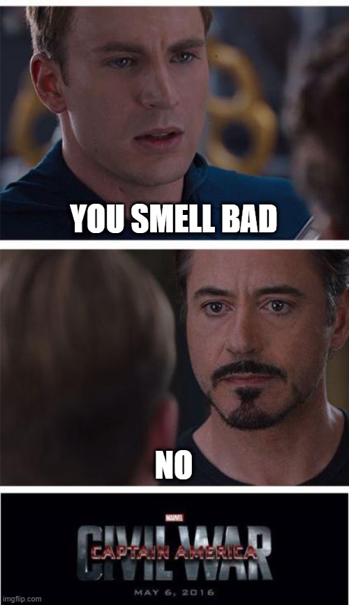 Marvel Civil War 1 | YOU SMELL BAD; NO | image tagged in memes,marvel civil war 1 | made w/ Imgflip meme maker