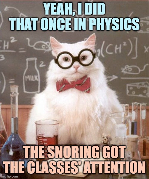 Science Cat Physics | YEAH, I DID THAT ONCE IN PHYSICS THE SNORING GOT THE CLASSES' ATTENTION | image tagged in science cat physics | made w/ Imgflip meme maker