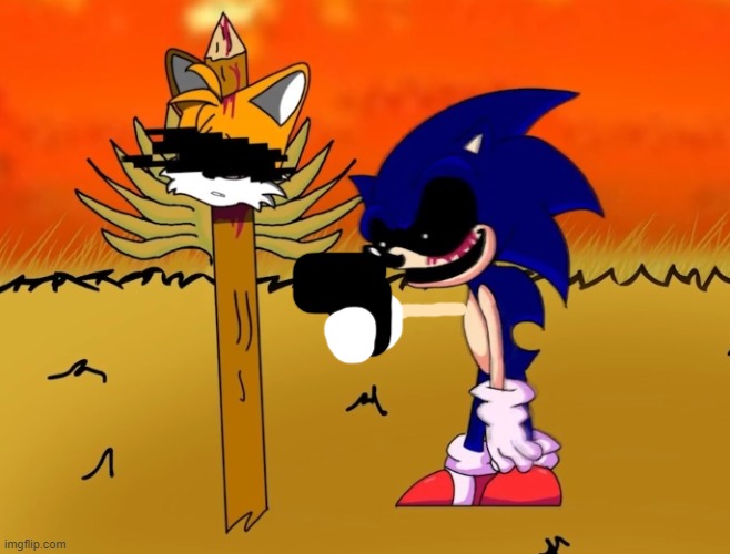 sonic.exe looking at tails head | image tagged in sonic exe looking at tails head | made w/ Imgflip meme maker