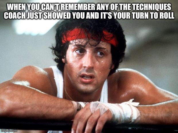 Deep Thoughts of a BJJ white belt | WHEN YOU CAN’T REMEMBER ANY OF THE TECHNIQUES COACH JUST SHOWED YOU AND IT’S YOUR TURN TO ROLL | image tagged in rocky,bjj,white belt,bjj humor,coaching,rolling | made w/ Imgflip meme maker
