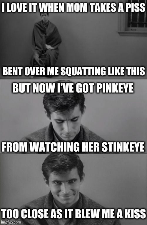 Should have seen that one coming | I LOVE IT WHEN MOM TAKES A PISS; BENT OVER ME SQUATTING LIKE THIS; BUT NOW I'VE GOT PINKEYE; FROM WATCHING HER STINKEYE; TOO CLOSE AS IT BLEW ME A KISS | image tagged in bad limerick norman bates | made w/ Imgflip meme maker