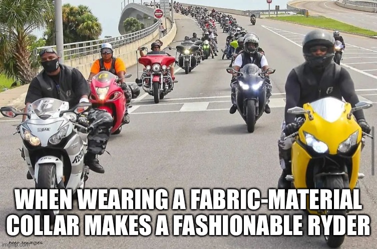 Ruff Ryders | WHEN WEARING A FABRIC-MATERIAL COLLAR MAKES A FASHIONABLE RYDER | image tagged in motorcycle,club,millstone collar,lace ruffles,national academy of design,ruff ryders | made w/ Imgflip meme maker