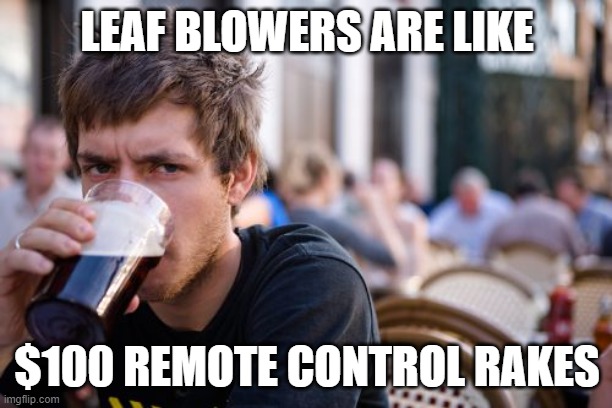 Lazy College Senior Meme | LEAF BLOWERS ARE LIKE $100 REMOTE CONTROL RAKES | image tagged in memes,lazy college senior | made w/ Imgflip meme maker
