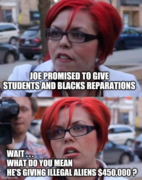 You Voted For Him | JOE PROMISED TO GIVE STUDENTS AND BLACKS REPARATIONS; WAIT . . .

WHAT DO YOU MEAN 
HE'S GIVING ILLEGAL ALIENS $450,000 ? | image tagged in biden,illegal immigration,liberals,democrats,reparations,sjw | made w/ Imgflip meme maker