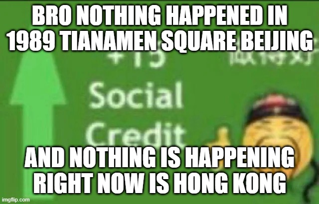 Veri basic tutoral on how get social credits fast |  BRO NOTHING HAPPENED IN 1989 TIANAMEN SQUARE BEIJING; AND NOTHING IS HAPPENING RIGHT NOW IS HONG KONG | image tagged in 15 social credit | made w/ Imgflip meme maker