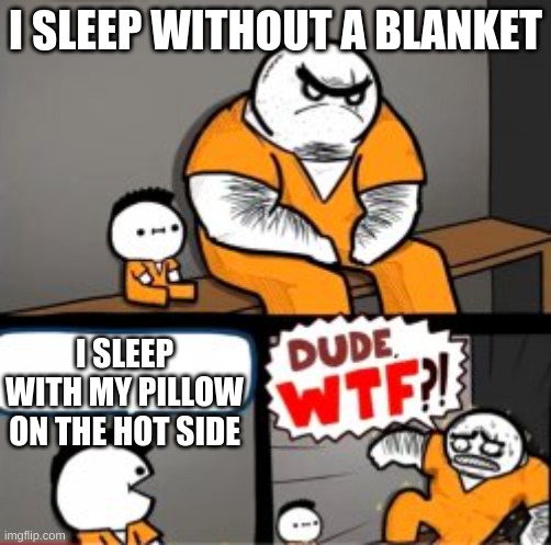 What are you in here for | I SLEEP WITHOUT A BLANKET; I SLEEP WITH MY PILLOW ON THE HOT SIDE | image tagged in what are you in here for | made w/ Imgflip meme maker