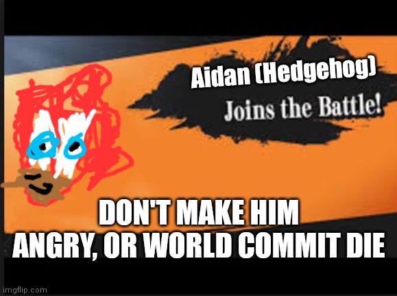 Aidan the Hedgehog Joins The Battle! | Aidan (Hedgehog); DON'T MAKE HIM ANGRY, OR WORLD COMMIT DIE | image tagged in joins the battle,hedgehog,aidan | made w/ Imgflip meme maker