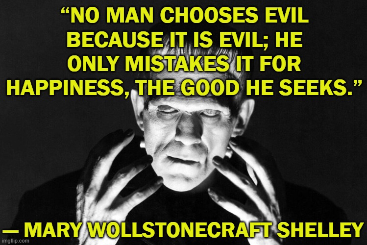 Interesting quote: | “NO MAN CHOOSES EVIL BECAUSE IT IS EVIL; HE ONLY MISTAKES IT FOR HAPPINESS, THE GOOD HE SEEKS.”; ― MARY WOLLSTONECRAFT SHELLEY | image tagged in frankenstein's monster,evil,happiness | made w/ Imgflip meme maker