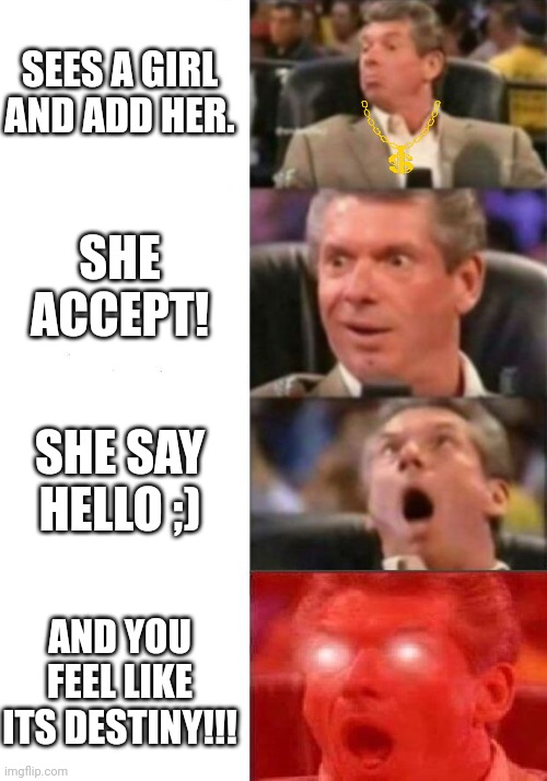 Every Simps be like XD | SEES A GIRL AND ADD HER. SHE ACCEPT! SHE SAY HELLO ;); AND YOU FEEL LIKE ITS DESTINY!!! | image tagged in mr mcmahon reaction | made w/ Imgflip meme maker