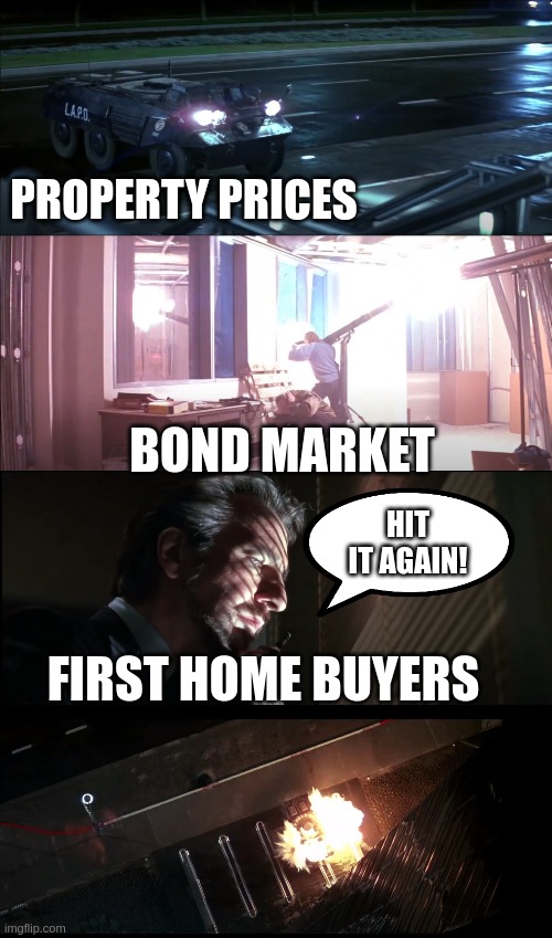 Property prices die hard | PROPERTY PRICES; BOND MARKET; HIT IT AGAIN! FIRST HOME BUYERS | image tagged in die hard,rocket,property | made w/ Imgflip meme maker