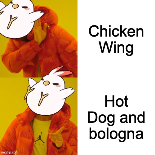 Drake Hotline Bling | Chicken Wing; Hot Dog and bologna | image tagged in memes,drake hotline bling | made w/ Imgflip meme maker