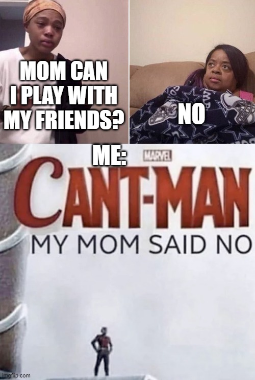 MOM CAN I PLAY WITH MY FRIENDS? NO; ME: | image tagged in me explaining to my mom,cant-man | made w/ Imgflip meme maker