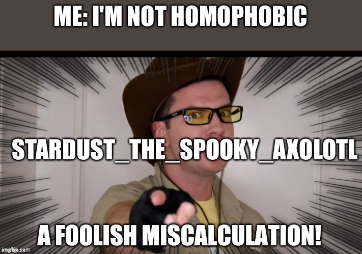 A foolish miscalculation | ME: I'M NOT HOMOPHOBIC; STARDUST_THE_SPOOKY_AXOLOTL | image tagged in a foolish miscalculation | made w/ Imgflip meme maker