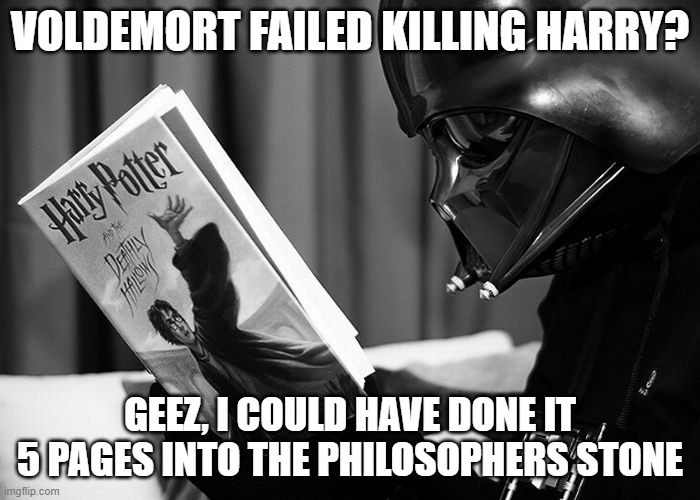 Darth Vader reading Harry Potter | VOLDEMORT FAILED KILLING HARRY? GEEZ, I COULD HAVE DONE IT 5 PAGES INTO THE PHILOSOPHERS STONE | image tagged in darth vader reading harry potter | made w/ Imgflip meme maker