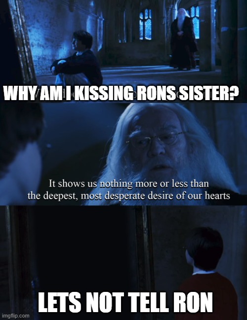 Harry potter mirror |  WHY AM I KISSING RONS SISTER? LETS NOT TELL RON | image tagged in harry potter mirror | made w/ Imgflip meme maker