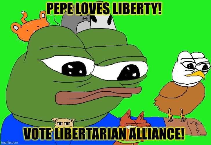 Vote Envoy, Jemy, Price & Sugas | PEPE LOVES LIBERTY! VOTE LIBERTARIAN ALLIANCE! | image tagged in vote,libertarian,alliance | made w/ Imgflip meme maker