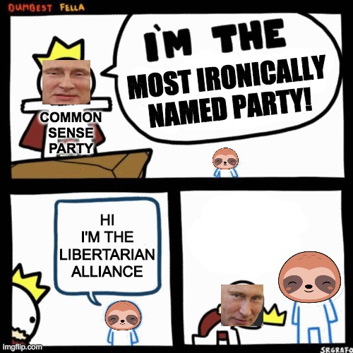 Don't vote for authoritarian parties with no common sense. Vote RUP instead! | MOST IRONICALLY NAMED PARTY! COMMON SENSE PARTY; HI I'M THE LIBERTARIAN ALLIANCE | image tagged in ig for prez,firestar for vp,pollard for hoc,via_getty for hos | made w/ Imgflip meme maker