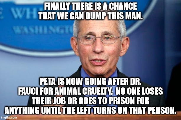 It's like no one even cares when a Republican has hard evidence that some one committed a crime. | FINALLY THERE IS A CHANCE THAT WE CAN DUMP THIS MAN. PETA IS NOW GOING AFTER DR. FAUCI FOR ANIMAL CRUELTY.  NO ONE LOSES THEIR JOB OR GOES TO PRISON FOR ANYTHING UNTIL THE LEFT TURNS ON THAT PERSON. | image tagged in dr fauci,peta,lefists | made w/ Imgflip meme maker