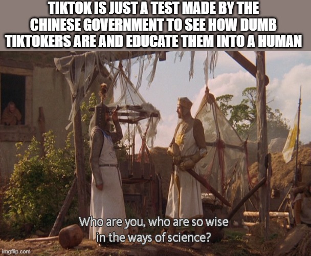 Social credit: *Cease to exist* | TIKTOK IS JUST A TEST MADE BY THE CHINESE GOVERNMENT TO SEE HOW DUMB TIKTOKERS ARE AND EDUCATE THEM INTO A HUMAN | image tagged in who are you so wise in the ways of science | made w/ Imgflip meme maker