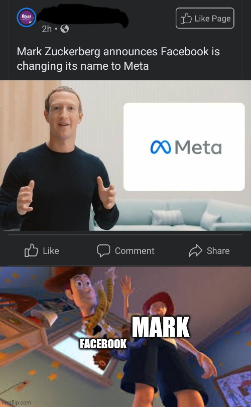 rip facebook, now meta is the new face | MARK; FACEBOOK | image tagged in andy dropping woody | made w/ Imgflip meme maker