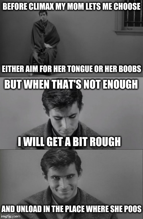 Nice shot | BEFORE CLIMAX MY MOM LETS ME CHOOSE; EITHER AIM FOR HER TONGUE OR HER BOOBS; BUT WHEN THAT'S NOT ENOUGH; I WILL GET A BIT ROUGH; AND UNLOAD IN THE PLACE WHERE SHE POOS | image tagged in bad limerick norman bates | made w/ Imgflip meme maker