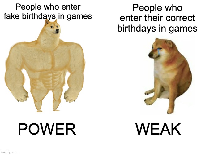 Buff Doge vs. Cheems | People who enter fake birthdays in games; People who enter their correct birthdays in games; POWER; WEAK | image tagged in memes,buff doge vs cheems,video games,power,fake | made w/ Imgflip meme maker