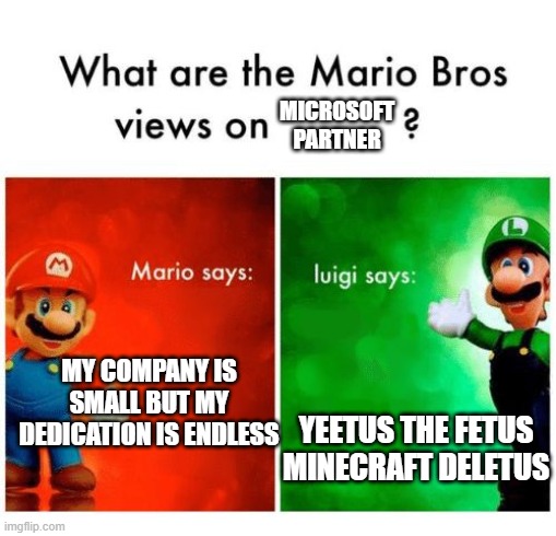 Dont ask luigi to run a company | MICROSOFT PARTNER; MY COMPANY IS SMALL BUT MY DEDICATION IS ENDLESS; YEETUS THE FETUS MINECRAFT DELETUS | image tagged in mario says luigi says | made w/ Imgflip meme maker
