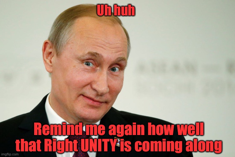 Sarcastic Putin | Uh huh Remind me again how well that Right UNITY is coming along | image tagged in sarcastic putin | made w/ Imgflip meme maker