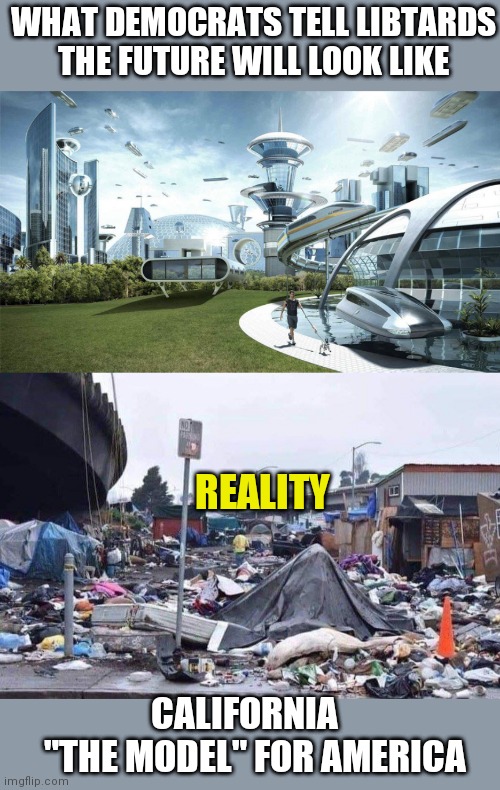 WHAT DEMOCRATS TELL LIBTARDS THE FUTURE WILL LOOK LIKE; REALITY; CALIFORNIA    "THE MODEL" FOR AMERICA | image tagged in the future world if,california tent city | made w/ Imgflip meme maker