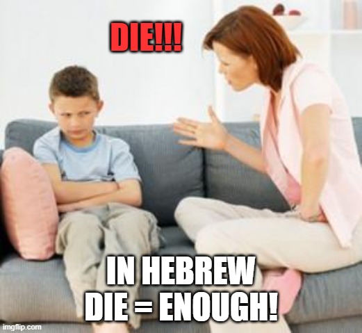 parent scolding child | DIE!!! IN HEBREW
DIE = ENOUGH! | image tagged in parent scolding child | made w/ Imgflip meme maker