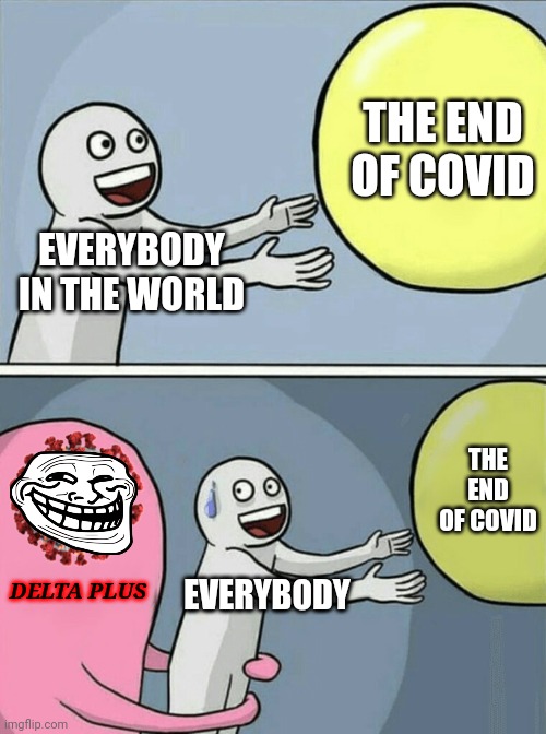 i cry evertim | THE END OF COVID; EVERYBODY IN THE WORLD; THE END OF COVID; DELTA PLUS; EVERYBODY | image tagged in memes,running away balloon,coronavirus,covid-19,delta plus,so sad | made w/ Imgflip meme maker