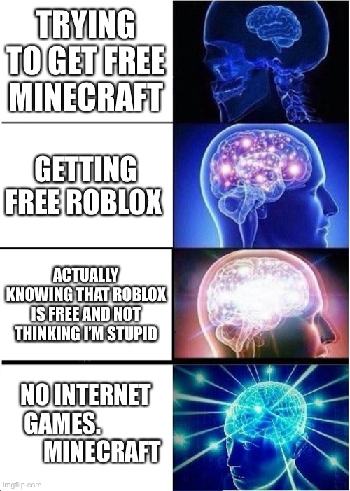 Expanding Brain | TRYING TO GET FREE MINECRAFT; GETTING FREE ROBLOX; ACTUALLY KNOWING THAT ROBLOX IS FREE AND NOT THINKING I’M STUPID; NO INTERNET GAMES.                   MINECRAFT | image tagged in memes,expanding brain | made w/ Imgflip meme maker
