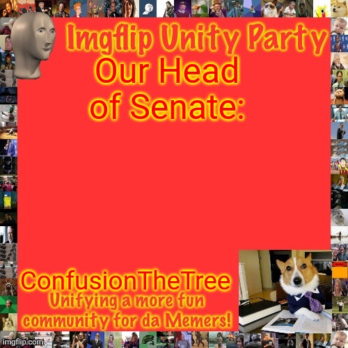 So vote F1-Luigi for President, Lardar for Head of Congress and Confusion for Head of Senate! Make the Right Choice! | Our Head of Senate:; ConfusionTheTree | image tagged in imgflip unity party announcement,f1 for president,luigi for vice,lardar for hoc,confusion for hos,make the right choice | made w/ Imgflip meme maker