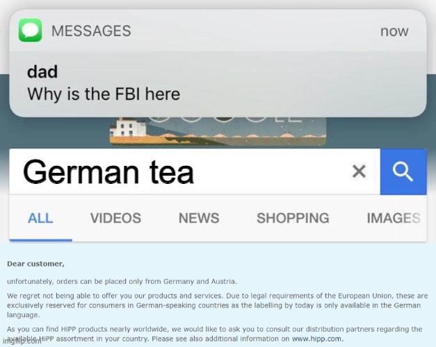 hipp.de website warning caught |  German tea | image tagged in why is the fbi here | made w/ Imgflip meme maker