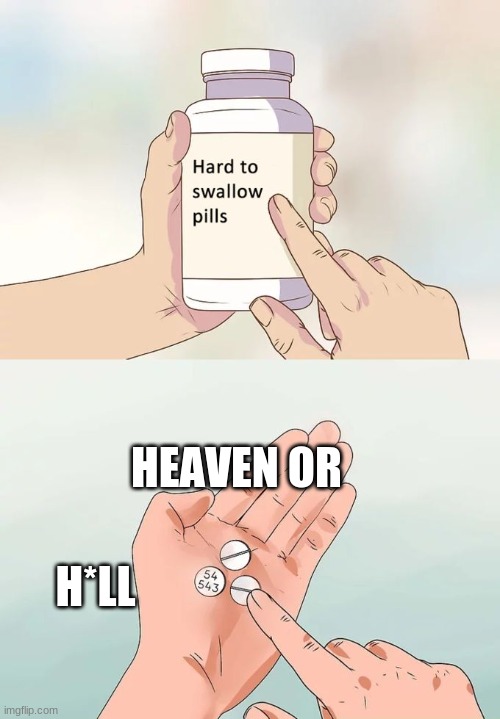 heaven or h*ll | HEAVEN OR; H*LL | image tagged in memes,hard to swallow pills | made w/ Imgflip meme maker