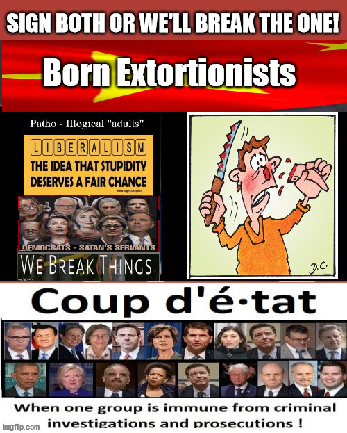 Political Extortionists | SIGN BOTH OR WE'LL BREAK THE ONE! | image tagged in extortion,spite,cut your nose,spite your face,evil | made w/ Imgflip meme maker