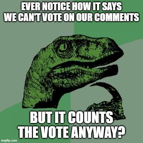 Philosoraptor | EVER NOTICE HOW IT SAYS WE CAN'T VOTE ON OUR COMMENTS; BUT IT COUNTS THE VOTE ANYWAY? | image tagged in memes,philosoraptor | made w/ Imgflip meme maker
