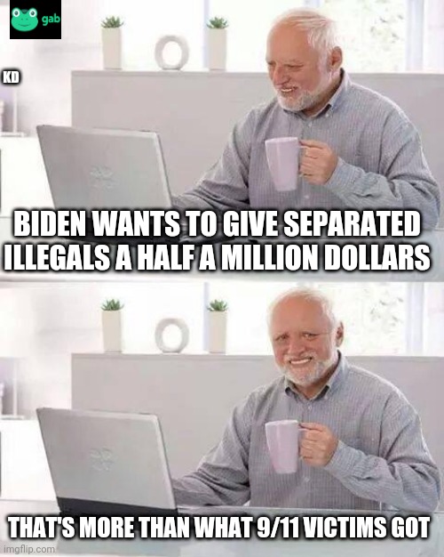 Biden regime hates Americans | KD; BIDEN WANTS TO GIVE SEPARATED ILLEGALS A HALF A MILLION DOLLARS; THAT'S MORE THAN WHAT 9/11 VICTIMS GOT | image tagged in memes,hide the pain harold,democrats,nwo police state,illegal immigration,911 | made w/ Imgflip meme maker