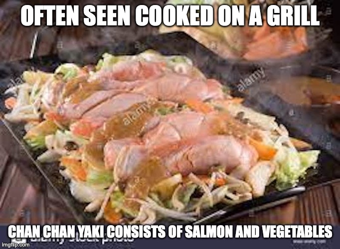 Chan Chan Yaki | OFTEN SEEN COOKED ON A GRILL; CHAN CHAN YAKI CONSISTS OF SALMON AND VEGETABLES | image tagged in food,memes | made w/ Imgflip meme maker
