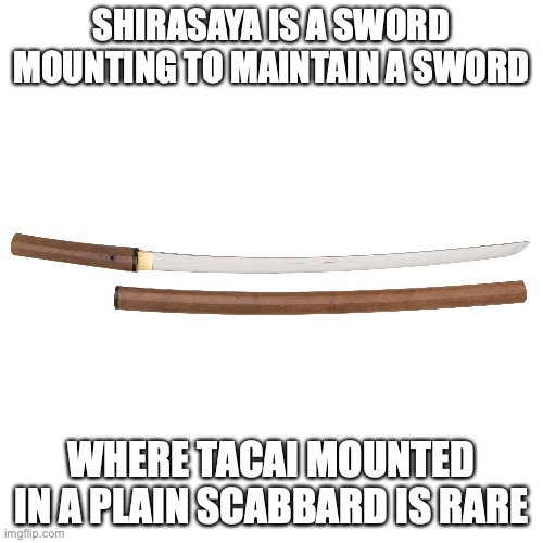 Tachi in Shirasaya | SHIRASAYA IS A SWORD MOUNTING TO MAINTAIN A SWORD; WHERE TACAI MOUNTED IN A PLAIN SCABBARD IS RARE | image tagged in weapons,memes | made w/ Imgflip meme maker