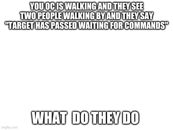 hmmmmm | YOU OC IS WALKING AND THEY SEE TWO PEOPLE WALKING BY AND THEY SAY "TARGET HAS PASSED WAITING FOR COMMANDS"; WHAT  DO THEY DO | image tagged in blank white template | made w/ Imgflip meme maker
