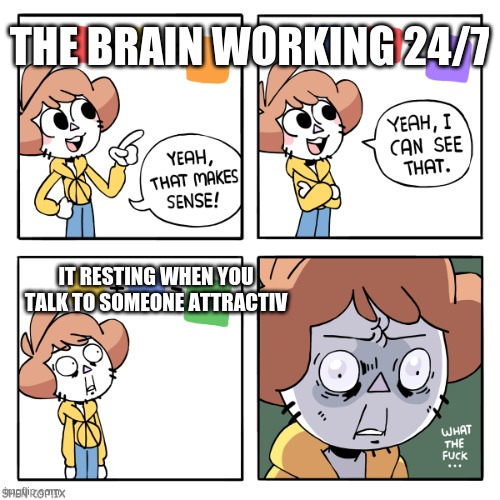 Yeah That Makes Sense | THE BRAIN WORKING 24/7 IT RESTING WHEN YOU TALK TO SOMEONE ATTRACTIV | image tagged in yeah that makes sense | made w/ Imgflip meme maker