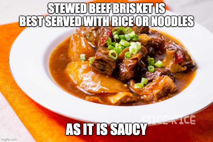 Stewed Beef Brisket | STEWED BEEF BRISKET IS BEST SERVED WITH RICE OR NOODLES; AS IT IS SAUCY | image tagged in food,memes | made w/ Imgflip meme maker