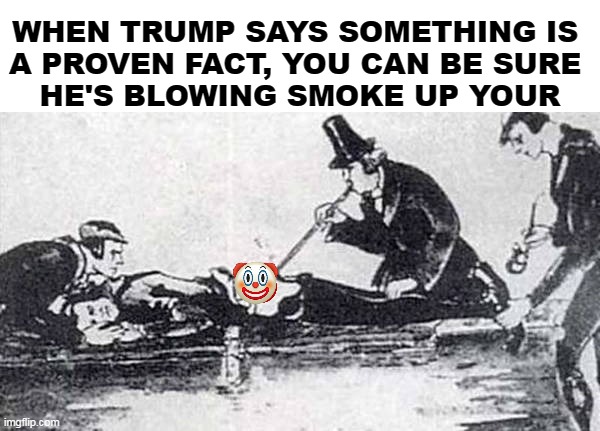 WHEN TRUMP SAYS SOMETHING IS 
A PROVEN FACT, YOU CAN BE SURE 
HE'S BLOWING SMOKE UP YOUR | image tagged in trump,liar,liar liar,liar liar pants on fire,blowing,smoke | made w/ Imgflip meme maker
