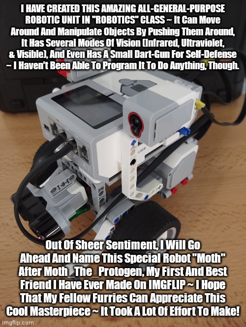 I Built An All-Purpose Robot At School For The Furries! | I HAVE CREATED THIS AMAZING ALL-GENERAL-PURPOSE ROBOTIC UNIT IN "ROBOTICS" CLASS ~ It Can Move Around And Manipulate Objects By Pushing Them Around, It Has Several Modes Of Vision (Infrared, Ultraviolet, & Visible), And Even Has A Small Dart-Gun For Self-Defense ~ I Haven't Been Able To Program It To Do Anything, Though. Out Of Sheer Sentiment, I Will Go Ahead And Name This Special Robot "Moth" After Moth_The_Protogen, My First And Best Friend I Have Ever Made On IMGFLIP ~ I Hope That My Fellow Furries Can Appreciate This Cool Masterpiece ~ It Took A Lot Of Effort To Make! | image tagged in the furry fandom,robot,technology,science,announcement | made w/ Imgflip meme maker