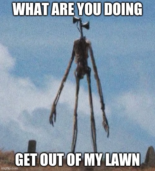 siren head |  WHAT ARE YOU DOING; GET OUT OF MY LAWN | image tagged in siren head | made w/ Imgflip meme maker