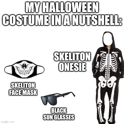 nut shell | MY HALLOWEEN COSTUME IN A NUTSHELL:; SKELITON ONESIE; SKELITON FACE MASK; BLACK SUN GLASSES | made w/ Imgflip meme maker