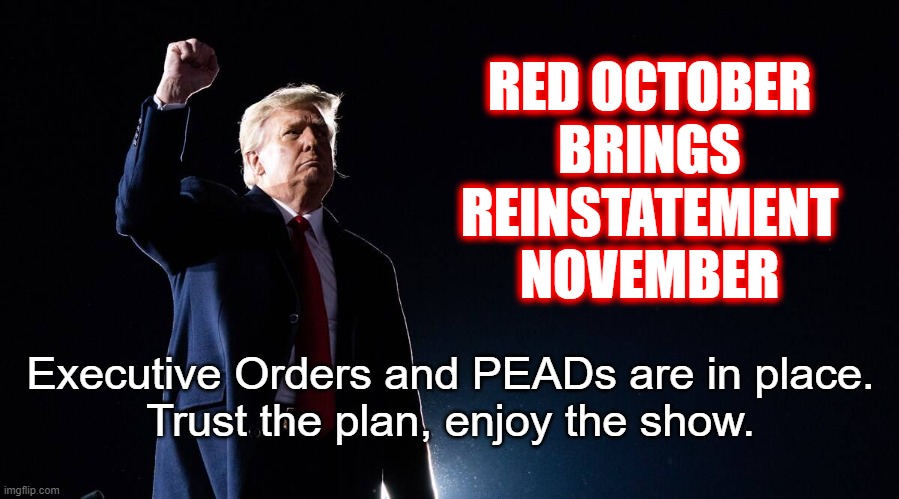 The Deep State is bankrupt, panicked and running on fumes. | RED OCTOBER
BRINGS
REINSTATEMENT
NOVEMBER; Executive Orders and PEADs are in place.
Trust the plan, enjoy the show. | image tagged in nwo,globalist cabal | made w/ Imgflip meme maker