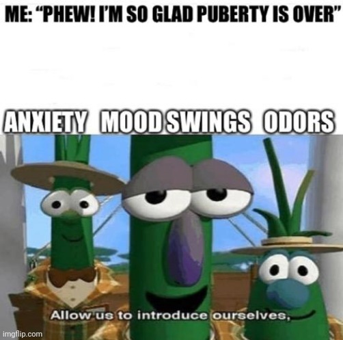 Allow us to introduce ourselfs | image tagged in puberty,veggietales 'allow us to introduce ourselfs' | made w/ Imgflip meme maker